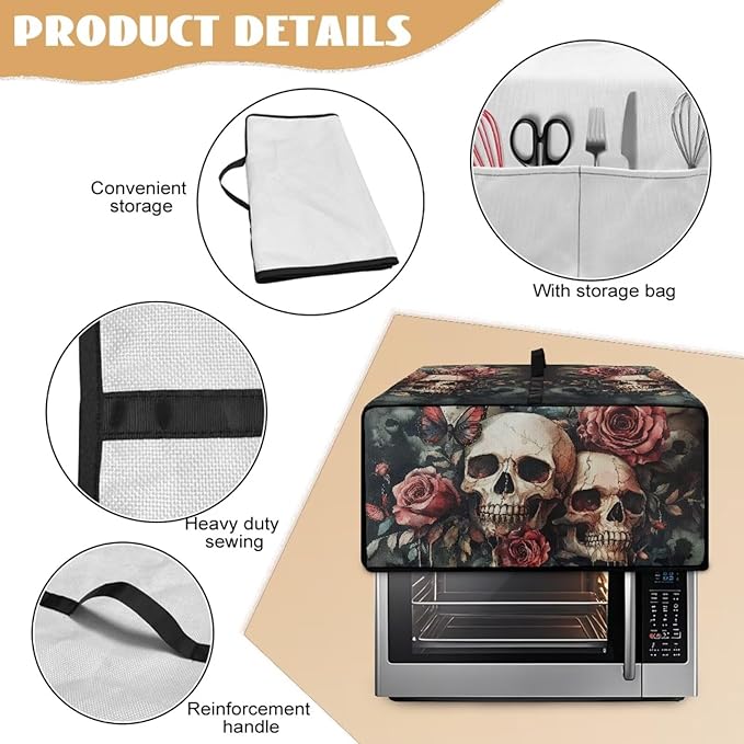 Skull Rose Printed Bread Maker Cover Heavy Duty Toaster Oven Air Fryer Cover for Kitchen Counter Anti Dust Toaster Oven Dust Covers with Accessory Pockets Green