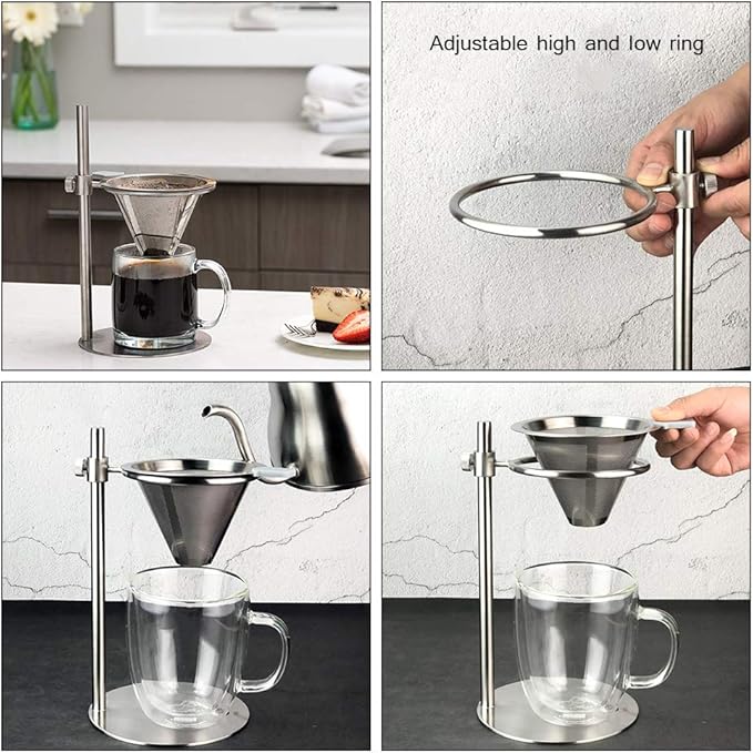 Stainless Steel Adjustable Pour Over Coffee Maker Adjustable Stand Double Layer Filter Freestanding Drip Cone Brewer and Stand Make Coffee Directly into Mug Cup or
