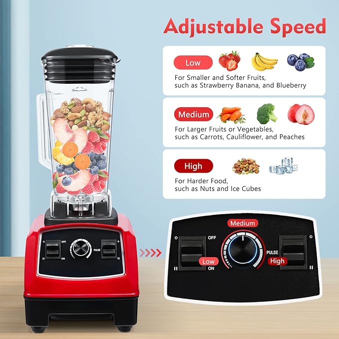 Commercial Countertop Blender 2200W Food Blender Mixer Heavy Duty Countertop Kitchen Blender High Speed Fruit Extractor Juicer for Fruits Shakes Smoothies &amp Soup US Plug (Red)