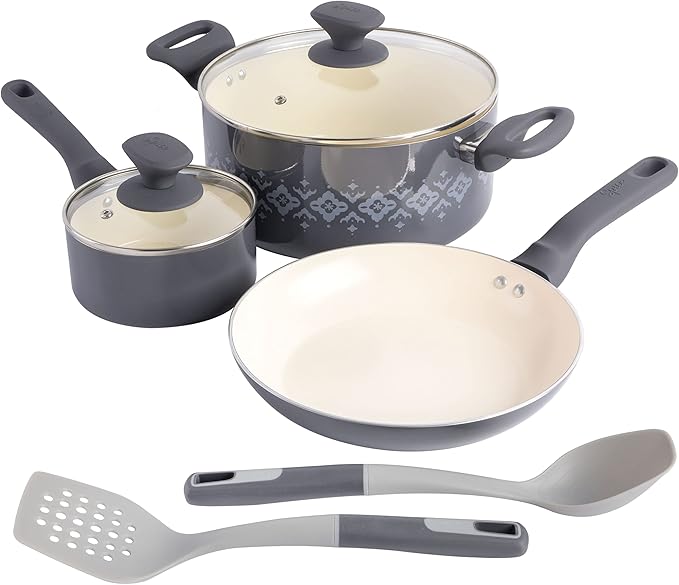 Spice by Tia Mowry Savory Saffron 7-Piece Healthy Nonstick Ceramic Cookware Set - Grey
