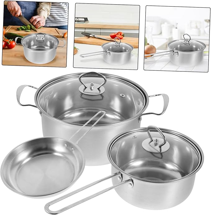 Stainless Steel Cookware Set with Soup Pot Frying Pan Milk Pot with Thick Bottom Fast Heating and Comfortable Handles