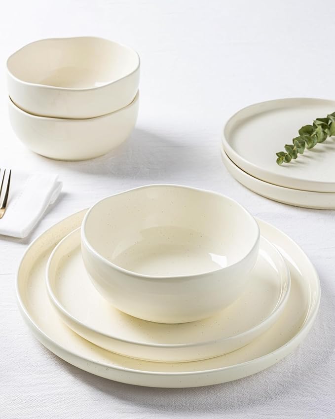 TheTerra Ceramic Dinnerware Sets for 4 12 Pieces Porcelain Lightweight Plates and Bowls Sets Scratch Resistant Dish Set Oven &amp Microwave &amp Dishwasher Safe Beige Speckled