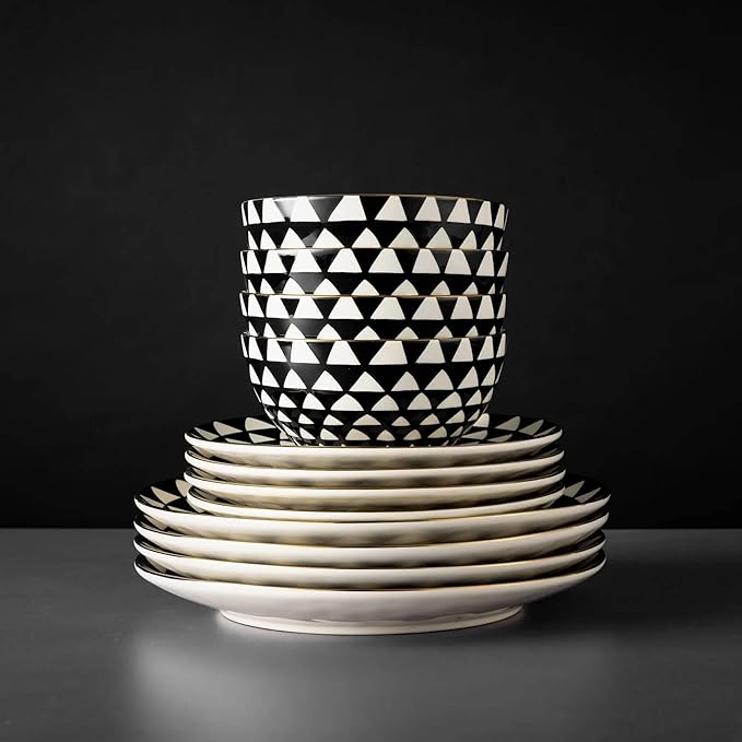12-Piece Ceramic Dinnerware Set for 4 Plates and Bowls Microwave and Dishwasher Safe (Black and White)
