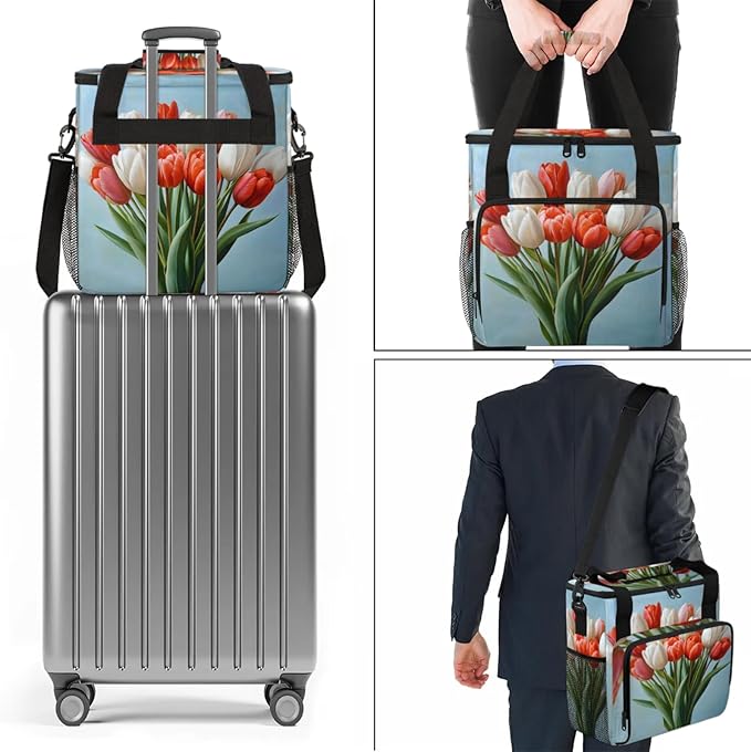 Floral Tulip Bouquet Coffee Maker Travel Bag for Keurig K-Mini/K-Mini Plus Insulated Waterproof Tote with Pockets for K-Cup Portable Single-Serve Brewer Case