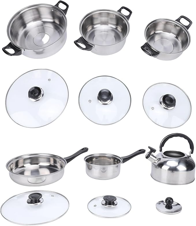 Asixxsix Cookware Set Stainless Steel Pots and Pans Set with Tea Kettle Glass Lids Plastic Handle Saucepans Saute Pan Kitchen Cooking Set for Cooking Frying Boiling Stewing