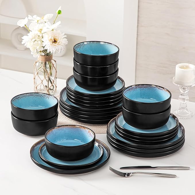 vancasso Plates and Bowls Sets 24 Pieces Stoneware Dinnerware Sets for 8 Kitchen Dish Set Mircowave and Dishwasher Safe Dinner Set Ceramic Dishware Sky Blue Series AMBER
