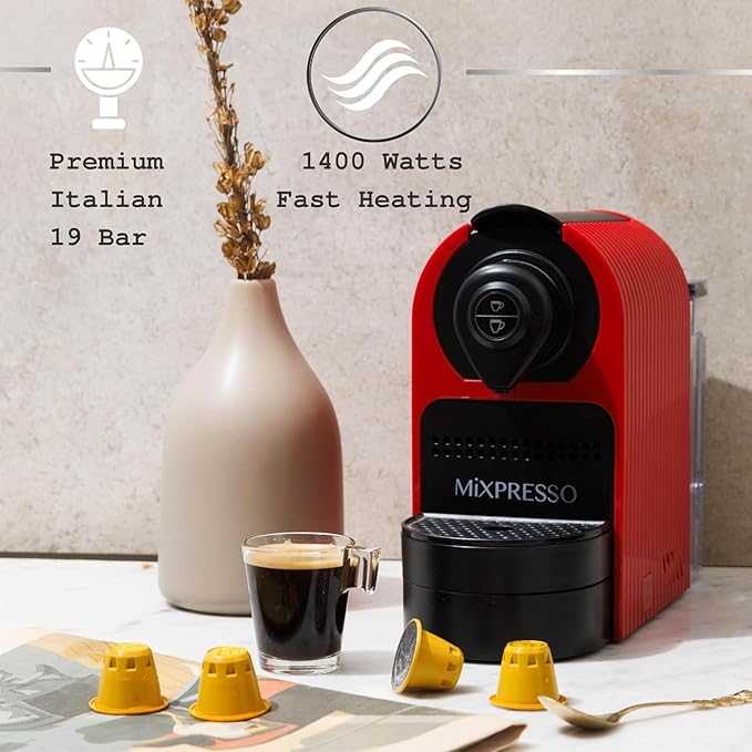 Mixpresso Red Espresso Coffee Machine – Compact 1400W Single Serve Coffee Maker Compatible with Nespresso OriginalLine Capsules One-Touch Operation 19-Bar Italian Pump 27oz Water Tank