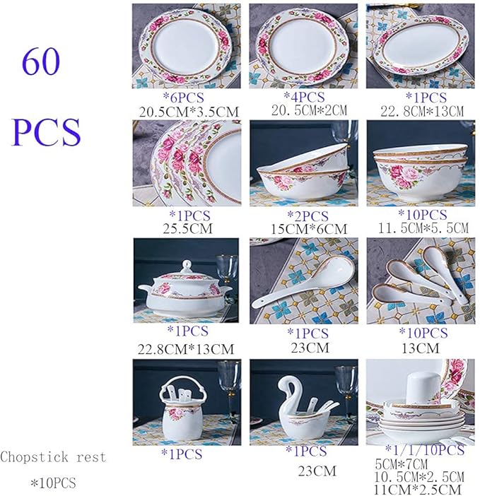 Flower Bone China Tableware Set Porcelain Dishes/Plate/Bowl Dinnerware SetCeramic Dinner SetsFine Dinnerware SetsDishwasher &amp Microwave Safe (B60pcs Service for