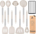 Silicone Cooking Utensil Set 8Pcs Non-stick Cookwares with Stainless Steel Handle BPA Free Heat Resistant Kitchen Tools with Spatulas Turners Spoons Skimmer and Pasta Fork (KHAKI)