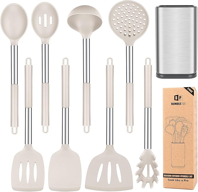 Silicone Cooking Utensil Set 8Pcs Non-stick Cookwares with Stainless Steel Handle BPA Free Heat Resistant Kitchen Tools with Spatulas Turners Spoons Skimmer and Pasta Fork (KHAKI)