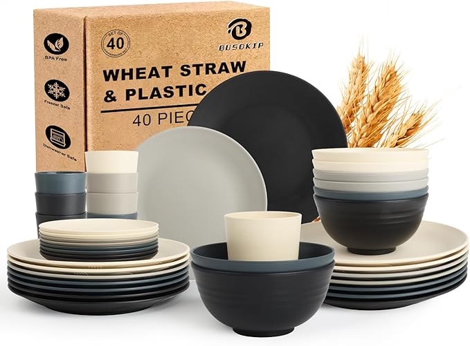 40 PCS Wheat Straw Dinnerware Set | Unbreakable Dishes Set for 8 - Alternative to Plastic Plates and Bowls Sets Cereal Bowl Water Cups Dishwasher &amp Microwave Safe Bowls for Kitchen - Dark