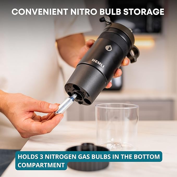 Nitro Cold Brew Coffee Maker 12 oz Ceramic-Lined Tritan Cup Pressure Gauge Stores 3 Nitrogen Gas Bulbs Custom Designed for Cold Brew and Nitro Drinks