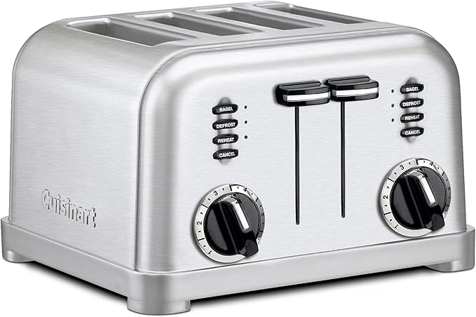 Cuisinart 4 Slice Compact Stainless Steel Toaster with Extra-Wide Slots for Bread French Toast Bagels &amp Pastries Defrost &amp Reheat Functions CPT-180P1 Brushed Stainless Removable Crumb Tr