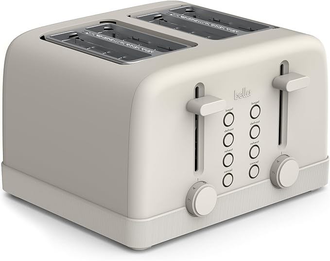bella 4 Slice Toaster 6 Setting Shade Control with Reheat &amp Cancel Buttons Removable Crumb Tray Anti Jam &amp Auto Shutoff 900 Watt Oatmilk
