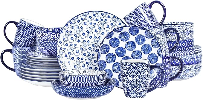Selamica 30-Pieces Ceramic Dinnerware Sets for 6 Scratch Resistant Plates and Bowls Sets Microwave and Dishwasher Safe Vintage Blue A