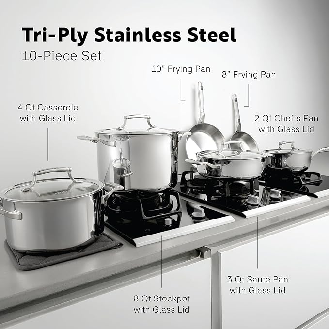 10-Piece Triply Stainless Steel Cookware Set - Fully Clad Pots and Pans Set with 8 Qt Pasta Pot Saute Saucepan Frying Pan - Non Toxic Cookware - Induction Dishwasher &amp Oven Safe