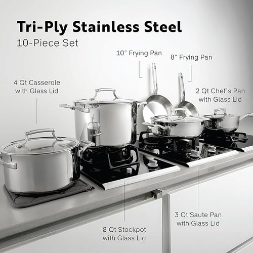 10-Piece Triply Stainless Steel Cookware Set - Fully Clad Pots and Pans Set with 8 Qt Pasta Pot Saute Saucepan Frying Pan - Non Toxic Cookware - Induction Dishwasher &amp Oven Safe