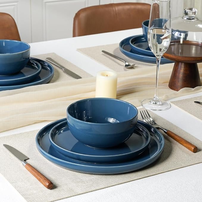 Kitchen Plates and Bowls Set Dinner Set for 4 Handpainted Dinner ware Sets Microwave Safe Plates and Bowls Sets Stone Plate Scratch Resistant (Ocean Abyss)