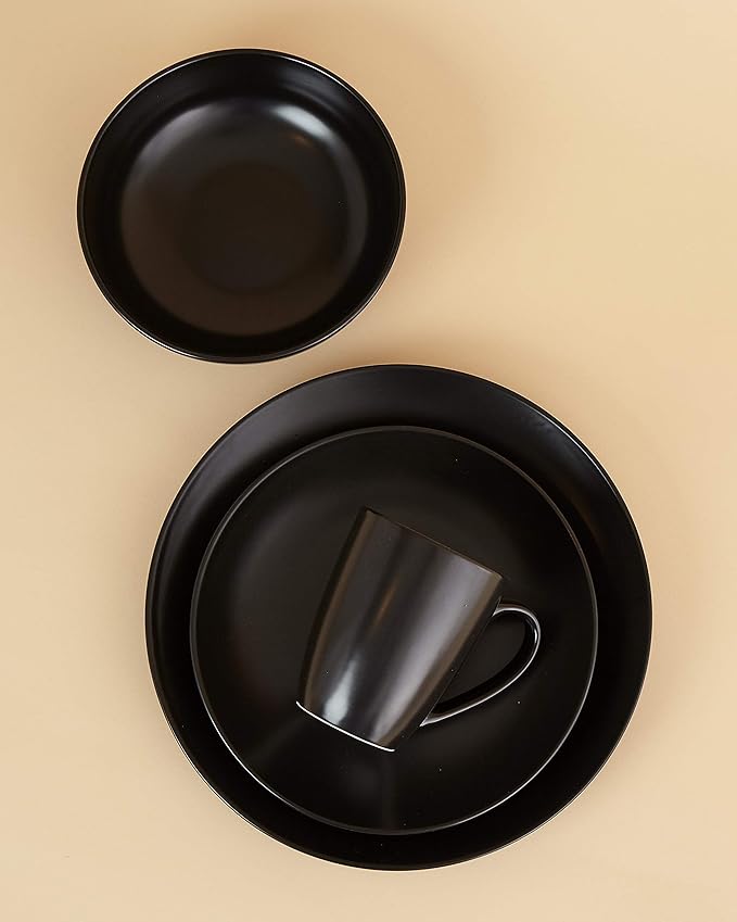 Euro Ceramica Euro Essential Collection 16 Piece Dinnerware Set Service for 4 Solid Semi-Matte Black