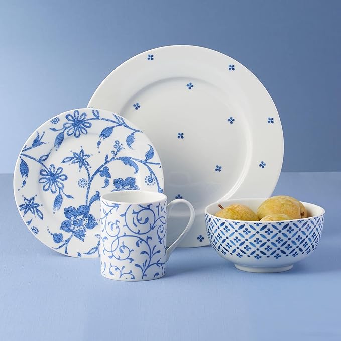 Portmeirion Home Collection 16 Piece Dinnerware Set - Blue Indigo Mix &amp Match Designs Porcelain Dinner Plates Salad Plates Bowls &amp Mugs - Microwave Dishwasher &amp Oven Safe Modern Table