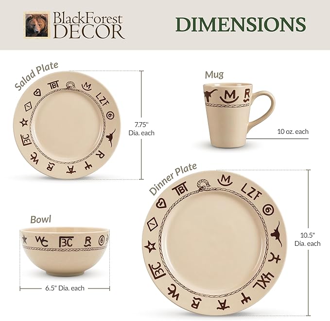 Black Forest Decor Cattle Branded Dinnerware Set - Rustic 16-Piece Stoneware for Ranch &amp Western Dining