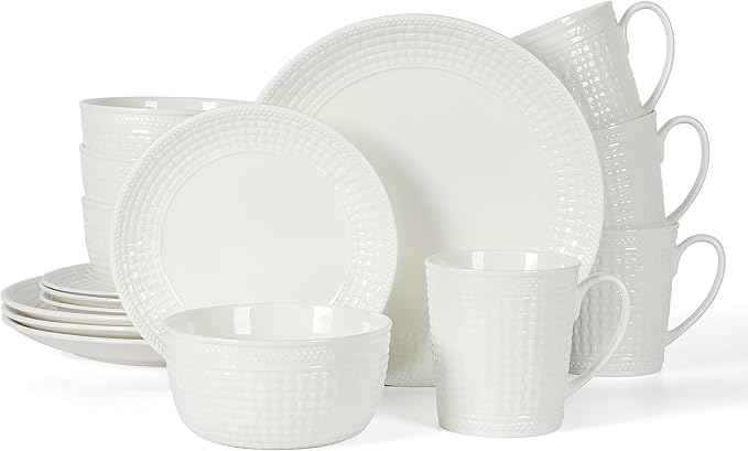 Martha Stewart 16 Piece Basket Weave New Bone China Embossed Porcelain Chip and Scratch Resistant Dinnerware Set