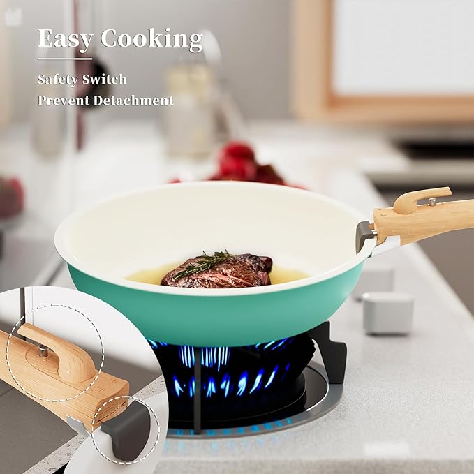ShanSon 6 Pieces Kitchen Non-Stick Cookware Sets with Removable Handle Stackable Pots and Pans Set Nonstick for Induction Gas RVs Camping Space SavingGreen