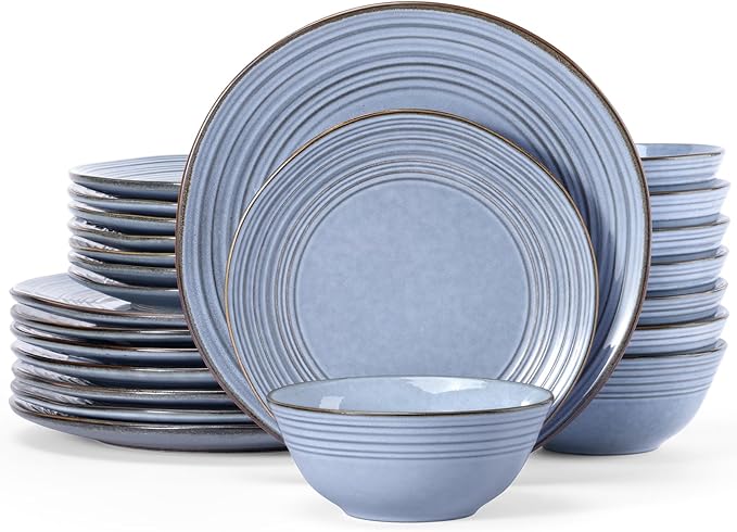 Famiware Plates and Bowls Sets 24-Piece Stoneware Dinnerware Sets Dishes Set for 8 Hand-made Reactive Glaze Dish Set Twilight Series Blue