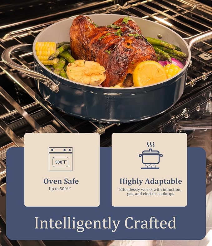 Ceramic Nonstick Cookware Set 8 Fry Pan &amp 4.5qt Dutch Oven PFAS/PTFE/PFOA Free Even Heat Distribution All Cooktops Compatible Oven Safe to 500°F (Caribbean Blue)