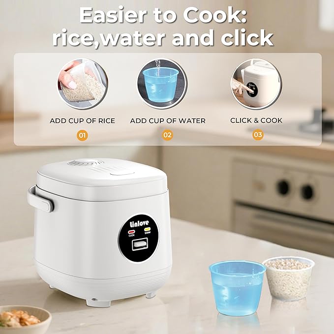 Rice Cooker Small 4 cup Uncooked2 Quart Non-stick Mini Rice CookerWith Stainless Steel Steamer TrayOne-Switch to Cook and Auto Keep WarmRecipe GuideSmall space saving for 1-4 peopleWhite