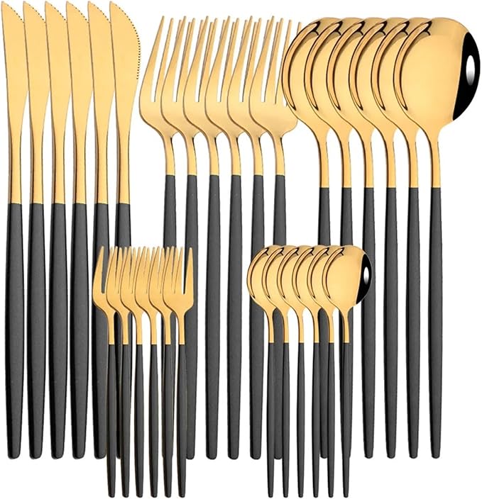 pureza 30Pcs Stainless Steel Black Gold Dinnerware Set - Cutlery Set For Kitchen &amp Dining Table(Black Gold)