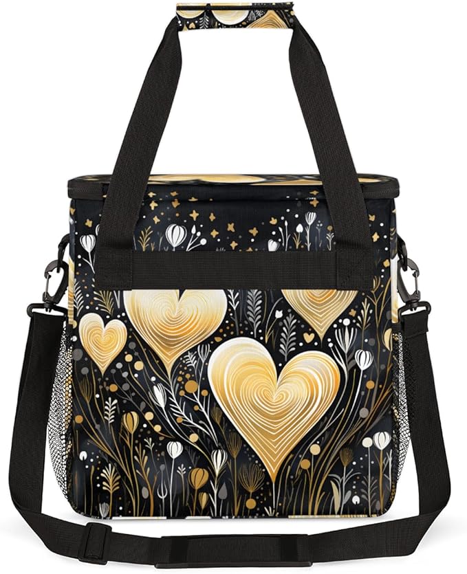 Black Gold Heart Coffee Maker Carrying Bag Portable Travel Storage Tote Bag Compatible with K-Mini or K-Mini Plus Single Serve Coffee Brewer Carrying Case with Multiple Pockets &amp Shoulder Strap