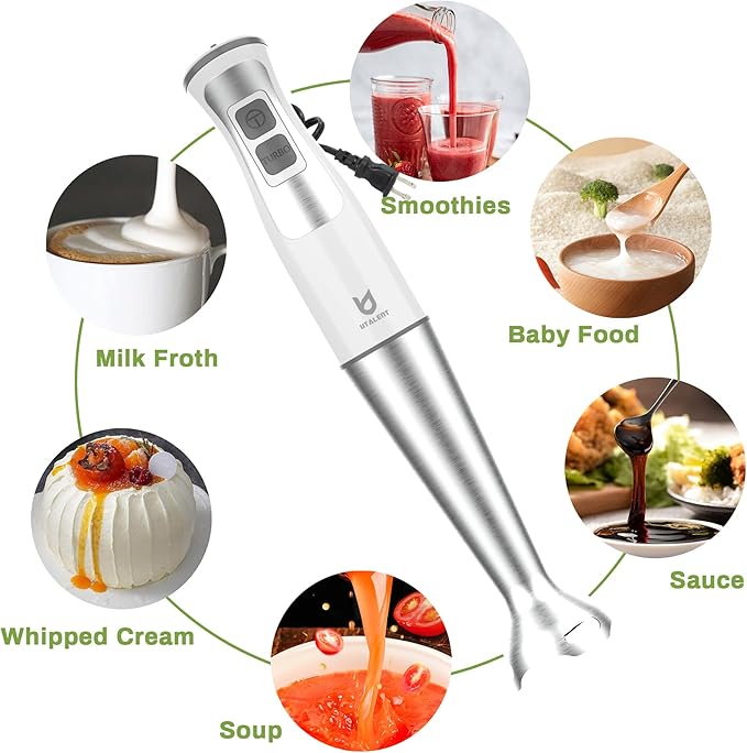 Immersion Hand Blender UTALENT 3-in-1 8-Speed Stick Blender with Milk Frother Egg Whisk for Smoothies Coffee Milk Foam Puree Baby Food Sauces and Soups - White