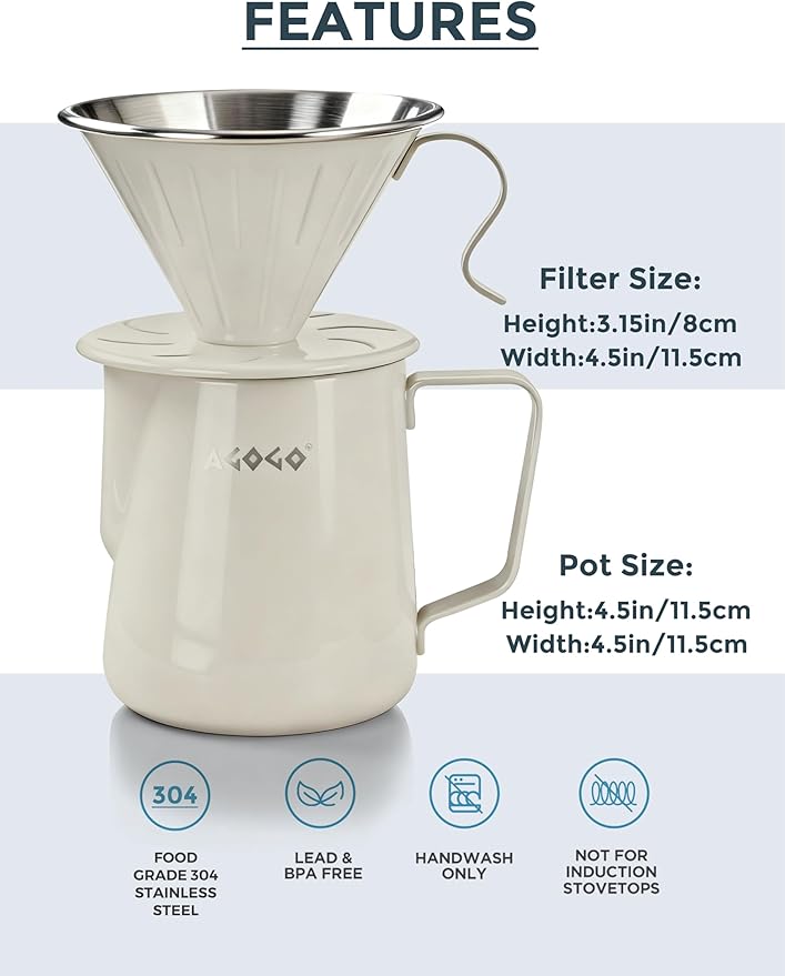AGOGO Portable Pour Over Coffee Maker V60 Set - Easy Cleaning Compact 304 Stainless Steel Dripper for Camping &amp 50 Filters Paper &amp Barista Towel- Cream-20oz/600ml