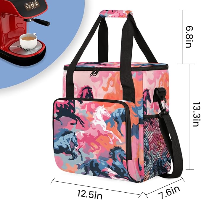 Abstract Horse Coffee Maker Carrying Bag Pink Horse Travel Storage Bag Compatible with K-Mini or K-Mini Plus Single Serve Coffee Brewer Carrying Case with Multiple Pockets &amp Shoulder Strap