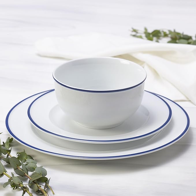 Everyday White by Fitz and Floyd Bistro Blue Band 12 Piece Dinnerware Set Service for 4