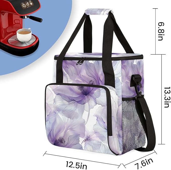 Purple Floral Travel Coffee Maker Carrying Bag Colorful Flower Large Organizer Storage Tote Bag Insulated Reusable Cooler Lunch Bags