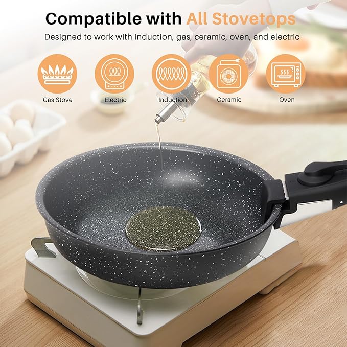12 PCS Pots and Pans Set Non Stick Kitchen Induction Cookware Oven-Safe Stackable RV Cookware with Detachable Handle Black