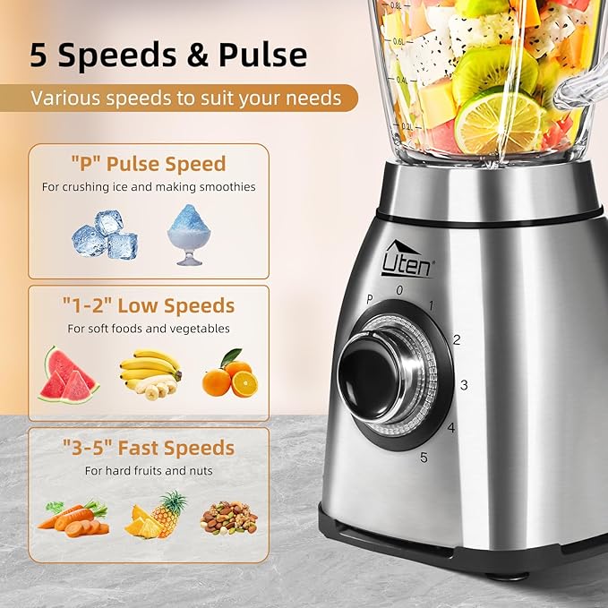 Uten 800 Watt Hight Speed Countertop Blender for Smoothies and Shakes Ground Coffee Beans 60 Oz Glass Jar 5 Speed Settings and Pulse