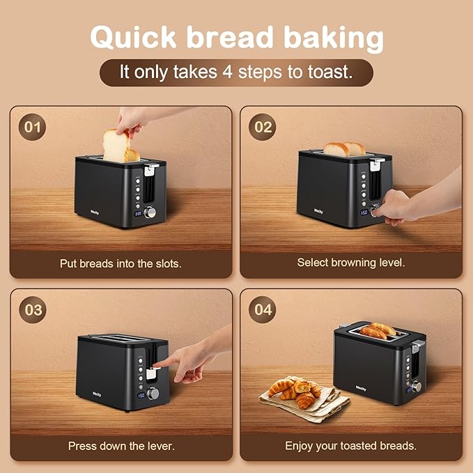 Mecity Toaster 2 Slice Stainless Steel Body Timer Bagel Defrost Reheat Cancel Functions Warming Rack Removable Tray 6 Browning Settings Extra Wide Slots Bread Toaster 120V 800W Black