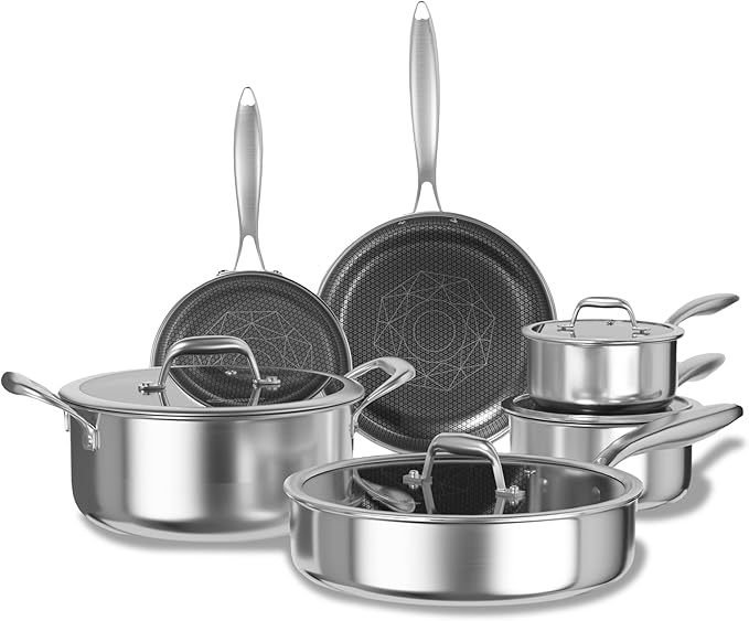 COOKER KING Stainless Steel 10pcs Cookware Set Pots and Pans Set with Lids Frying Pans Saucepans Saute Pan &amp Stock Pot Non Stick Non Toxic Induction Oven Dishwasher Safe Stay-Cool Handle