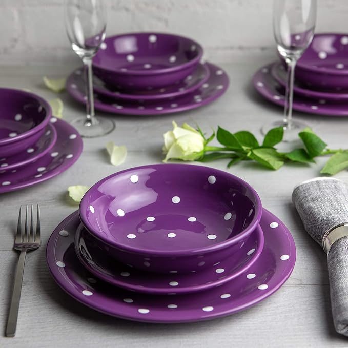 Handmade Purple and White Polka Dot Ceramic 12 piece Dinnerware Set | Pottery Tableware Service for 4 | Dinner Plates | Side Plates | Bowls | Housewarming Gift by City to Cottage®