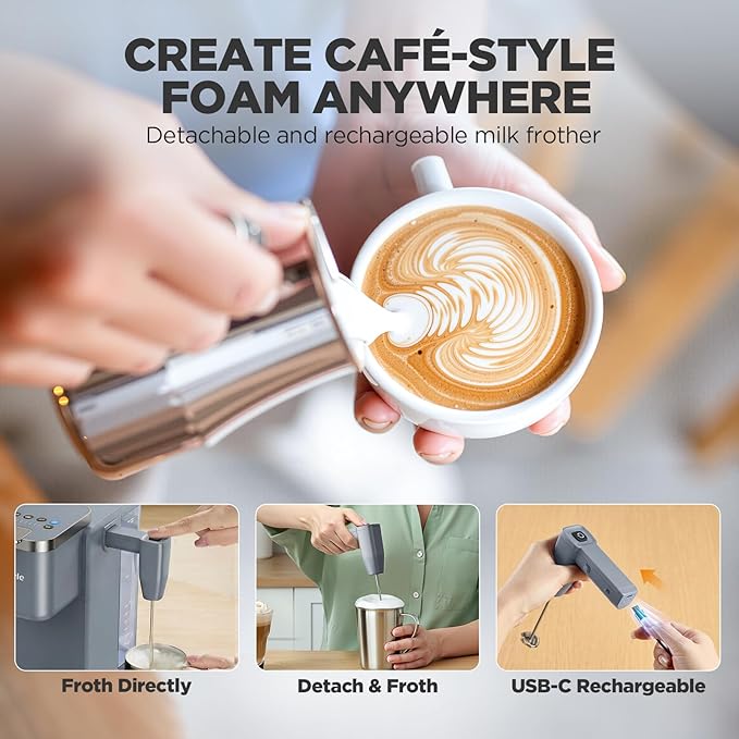 Single Serve Coffee Maker with Built-in Detachable Milk Frother Iced and Hot Coffee Machine for K Cup &amp Grounds 40oz Removable Water Reservoir 6 Cup Sizes Fits 7.3 Travel Mug Gray