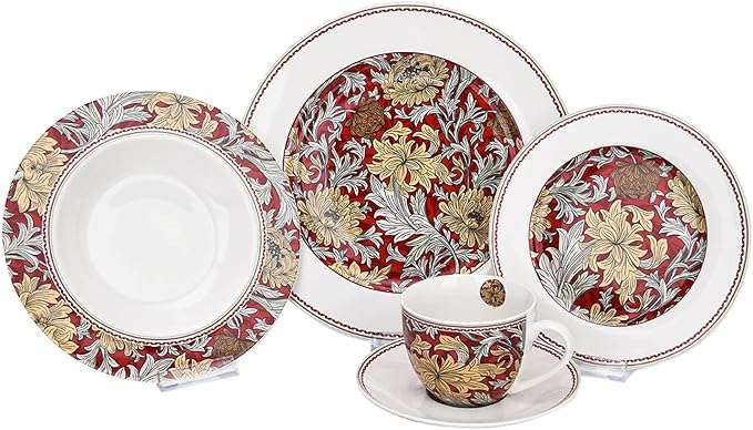STP Porcelain J-217528 Dinnerware Set for 4 Morris' Garden Bone China Porcelain Dinner Plates Bowls Dessert Plates Cups with Saucer 20 pcs