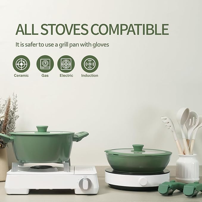 31pcs Ceramic Pots and Pans Set Nonstick Detachable Handle Cookware Induction Kitchen Cooking Set with Removable Handleinclude Frying Pans &amp Saucepans Oven Safe(Green)