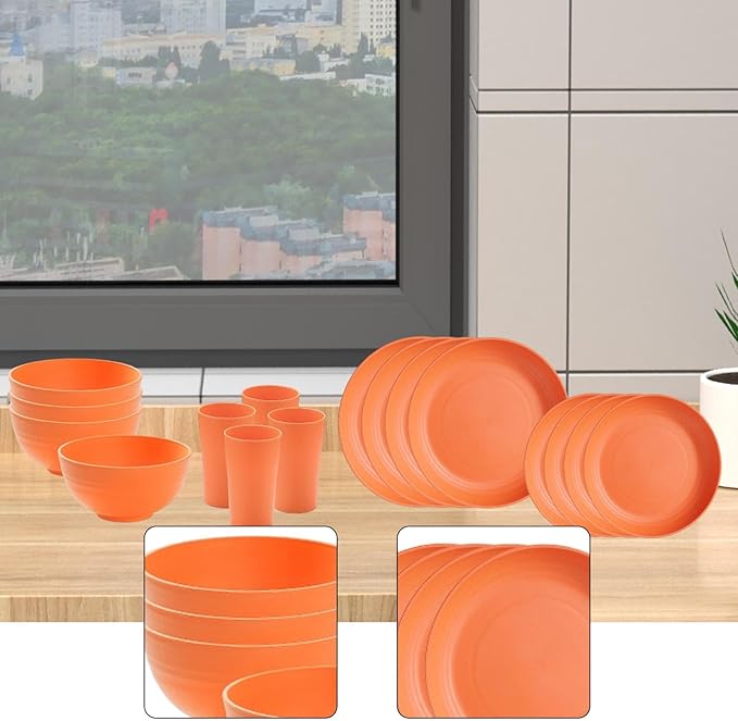 Dinnerware Sets Non Breakable Service for 4 Round Minimalist Matte Dishes Cups for Party Home RV Outdoor Camping Kitchen Orange