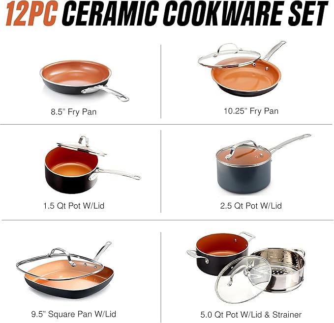 Gotham Steel 12 Pc Ceramic Cookware Set Nonstick Ceramic Pots and Pans Set Non Stick with Steamer for Cooking Non Toxic PFOA PFOS Free Ergonomic Stay Cool Handles Oven &amp Dishwasher Safe Coppe