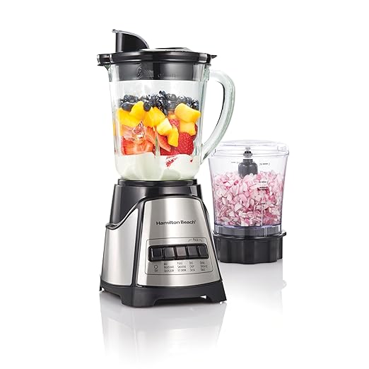 Hamilton Beach Power Elite Blender for Smoothies with 3-Cup Vegetable Chopper Mini Food Processor 40oz Glass Jar 12 Functions for Puree Ice Crush Black and Stainless Steel (58149)