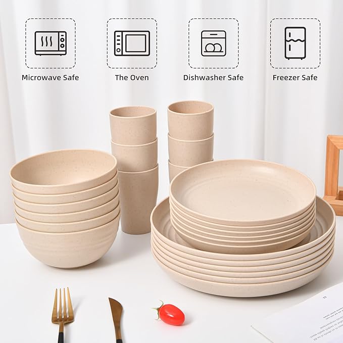 24 - Piece Wheat Straw Dinnerware Set - Plates and Bowls for 6 Unbreakable Dishwasher &amp Microwave Safe Reusable Lightweight Tableware Ideal for Camping and Everyday Use (Beige)