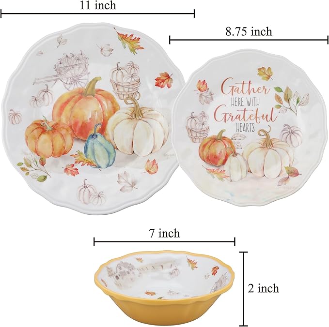 UPware 12 Piece Pumpkin Season Melamine Dinnerware Sets Outdoor Dishes Set Plates and Bowls Sets Autumn Thanksgiving Decorations Service for 4 Orange